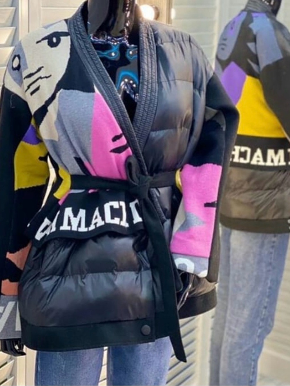 Graphic Colorblock Quilted Wrap Jacket with Belt